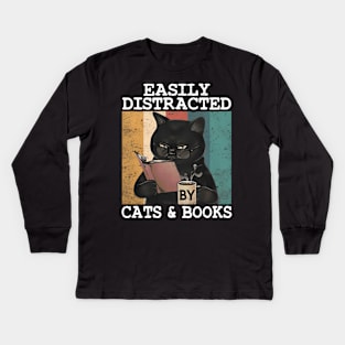 EASILY DISTRACTED BY CATS & BOOKS Kids Long Sleeve T-Shirt